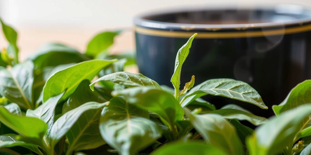 Green tea leaves and a cup of tea, symbolizing energy and focus