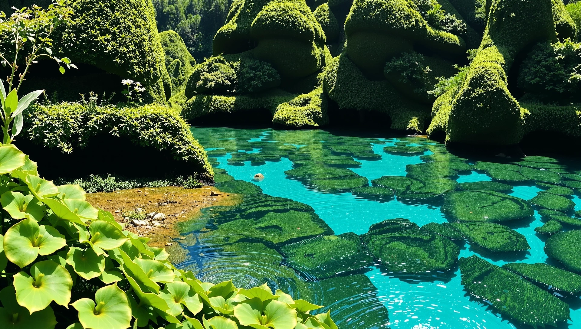 Peisaj natural idilic cu plante verzi, apă curată și lumină solară blândă, simbolizând sănătatea și vitalitatea