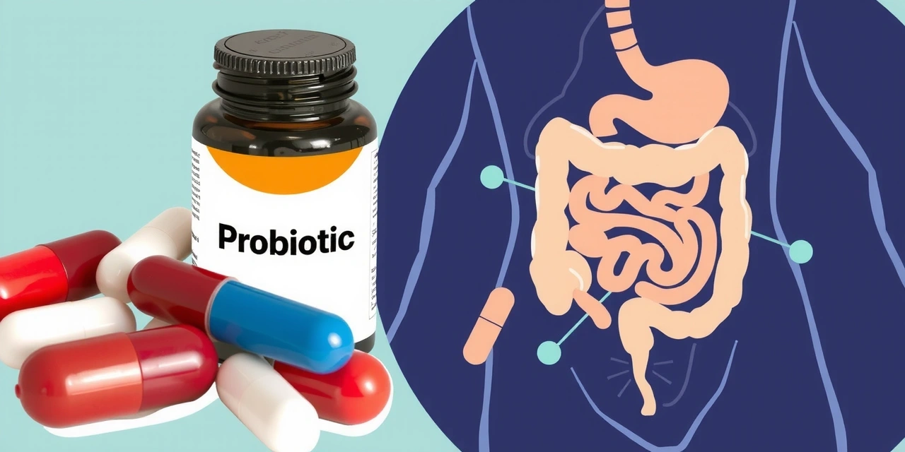Probiotic capsules and a healthy gut illustration