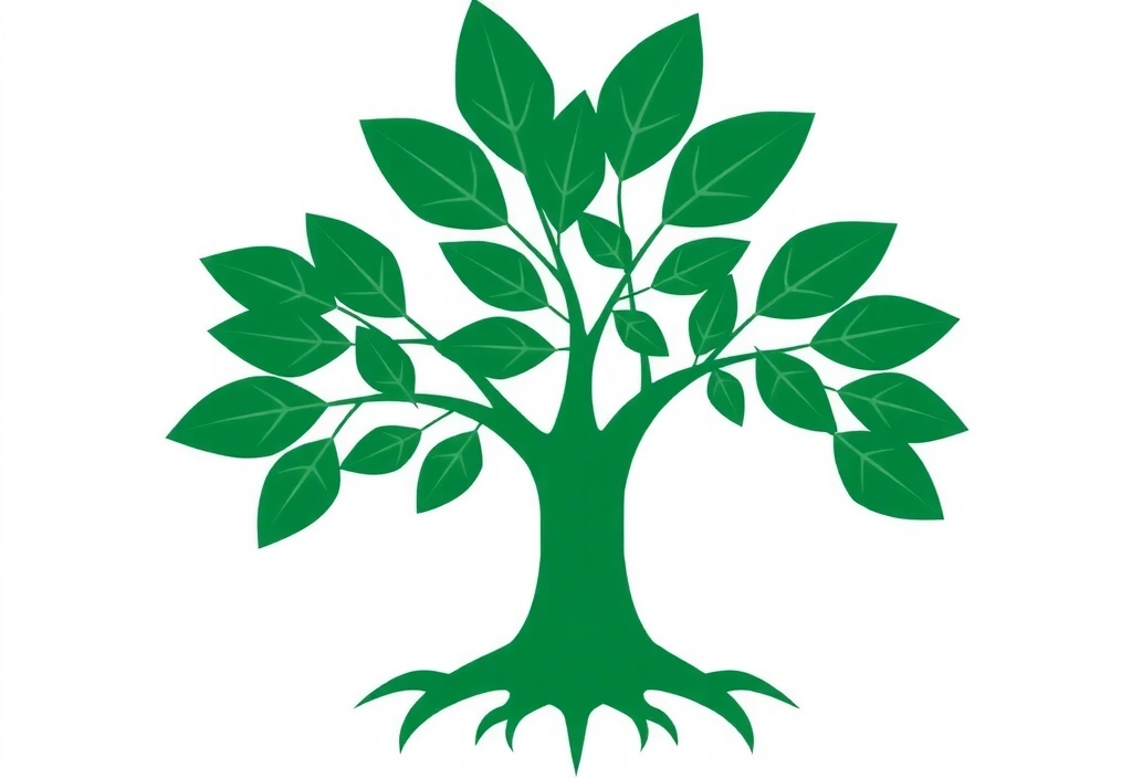O imagine stilizată a unui arbore al vieții, cu rădăcini adânci și frunze vibrante, simbolizând sănătatea naturală și creșterea.