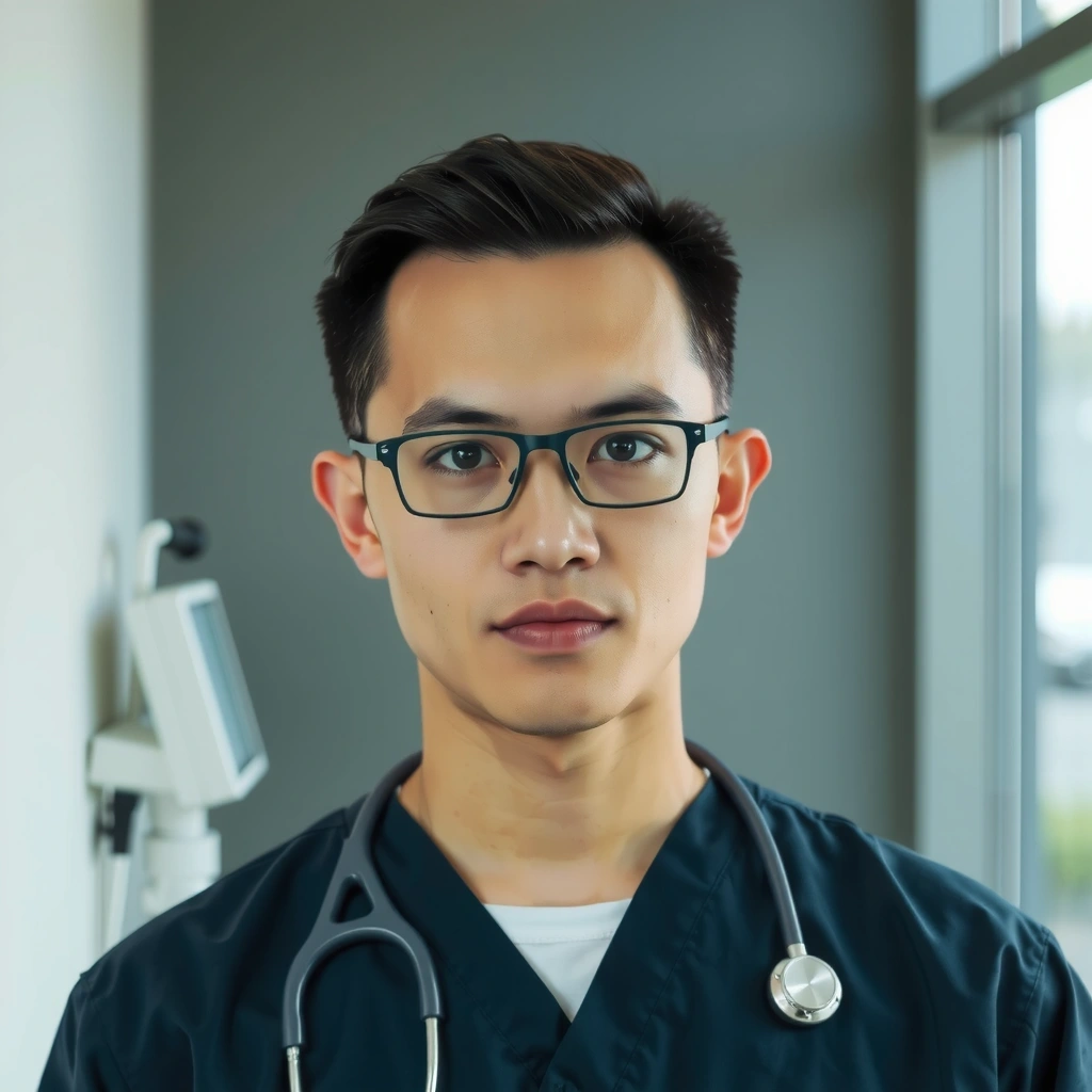 Portretul unui medic specialist, cu o expresie calmă și încrezătoare, într-un mediu profesional.