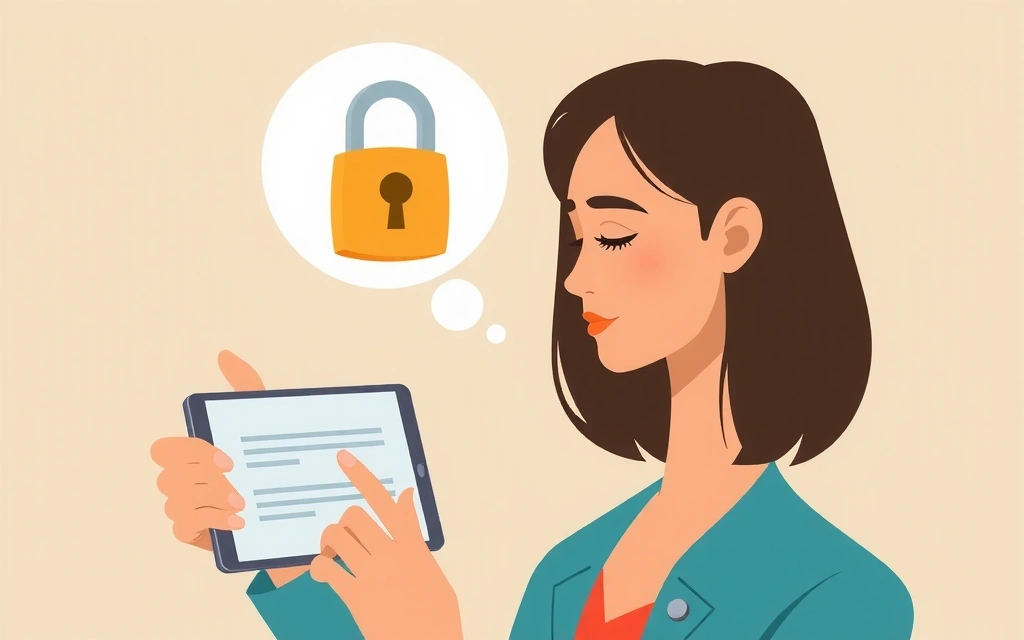 Ilustrație cu o persoană care citește un document digital, simbolizând confidențialitatea datelor și securitatea online.