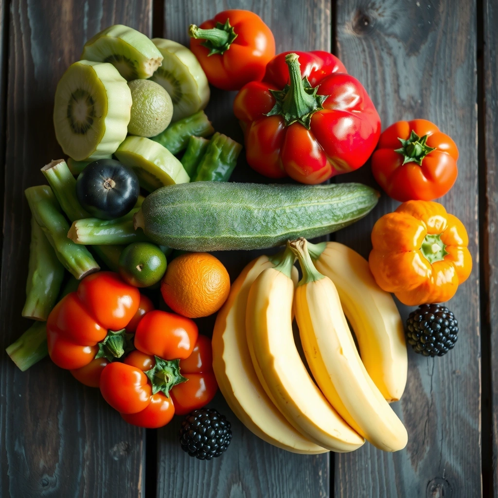 Fructe și legume proaspete pe o masă, simbolizând nutriția echilibrată.