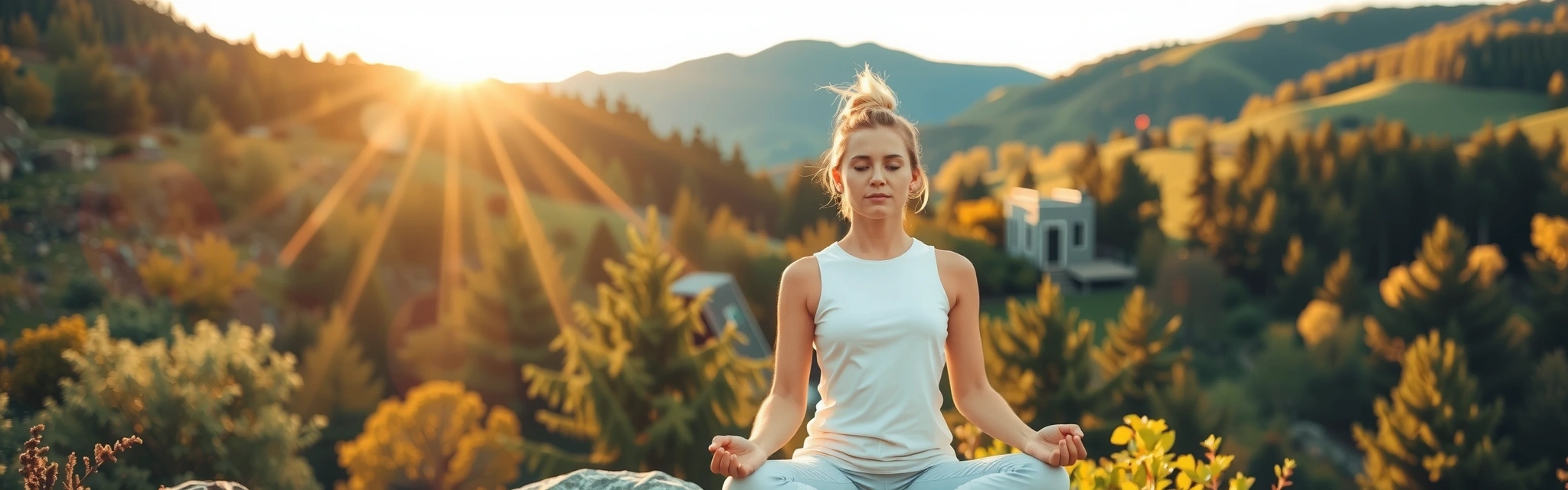 O persoană meditează într-un cadru natural liniștit, simbolizând echilibrul și bunăstarea.