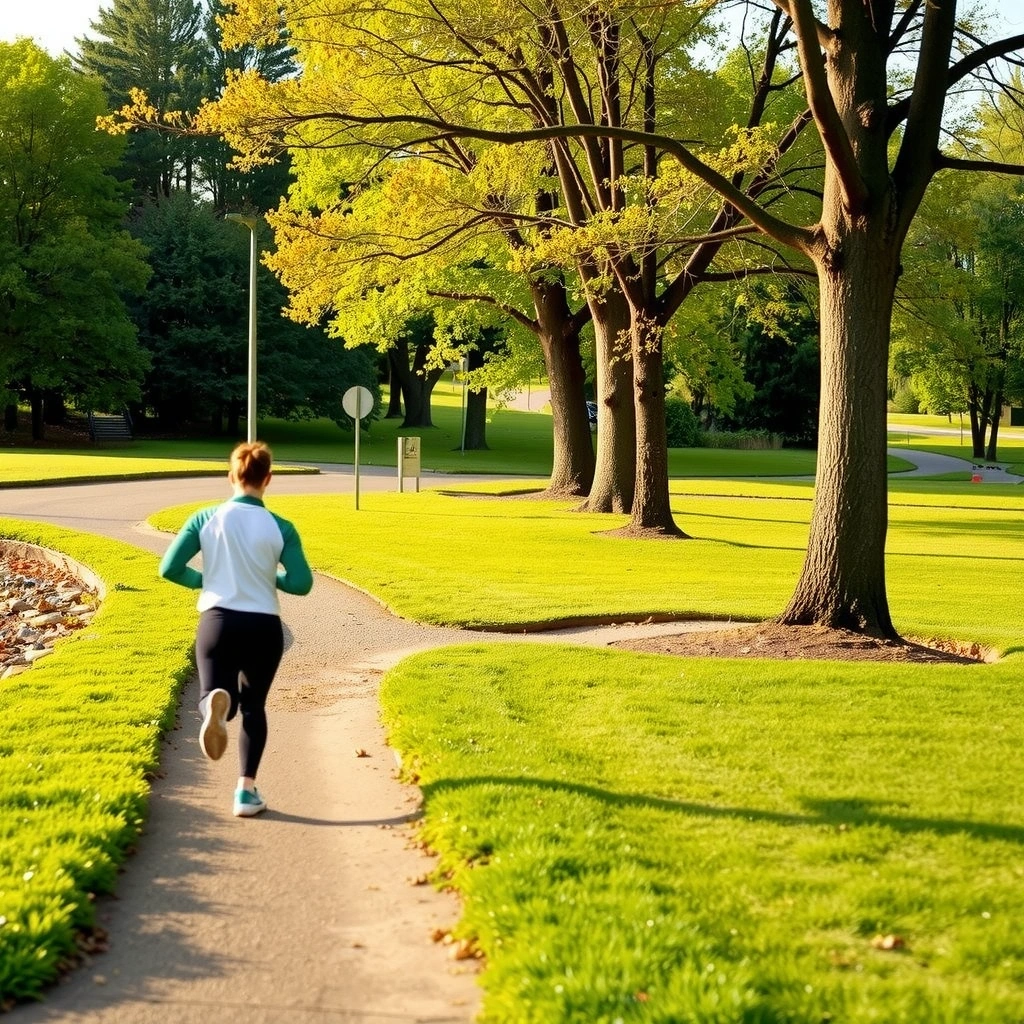 O persoană aleargă pe o potecă într-un parc, simbolizând activitatea fizică.
