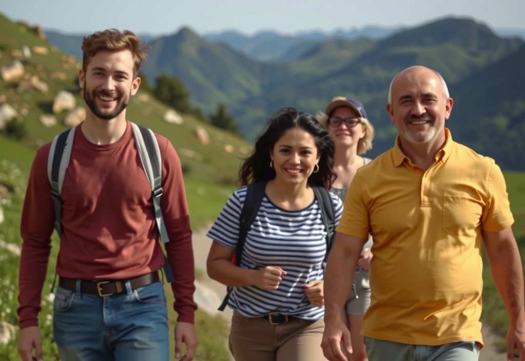 Un grup de oameni zâmbitori care fac o drumeție în natură, simbolizând comunitatea și suportul.