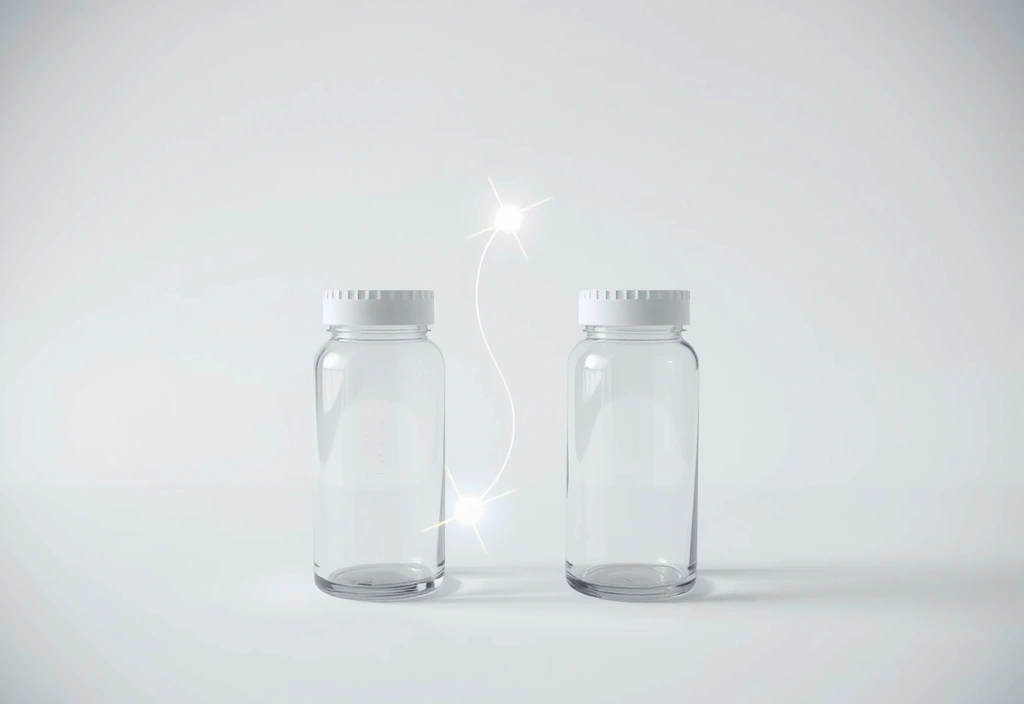 Două flacoane de suplimente aranjate împreună simbolizând sinergia