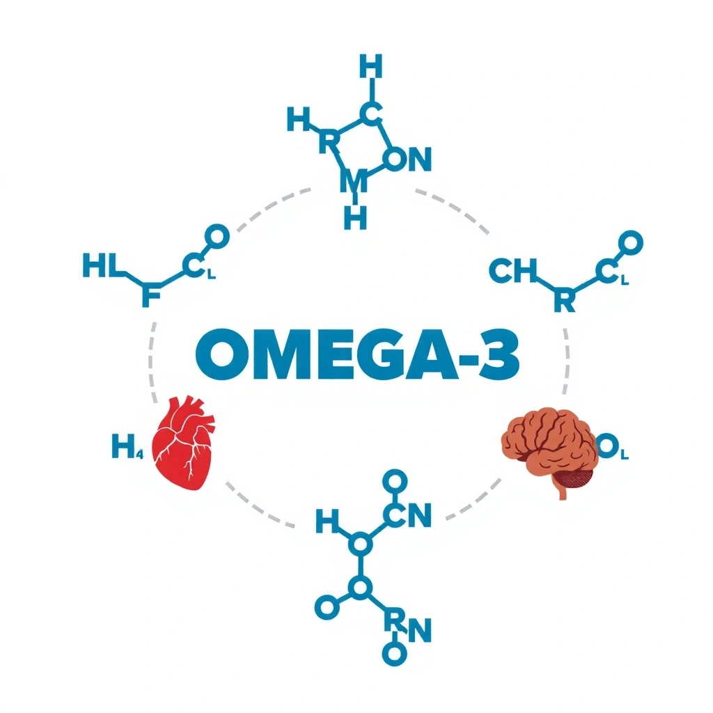 Ilustrație cu acizi grași Omega-3, simbolizând sănătatea inimii și creierului