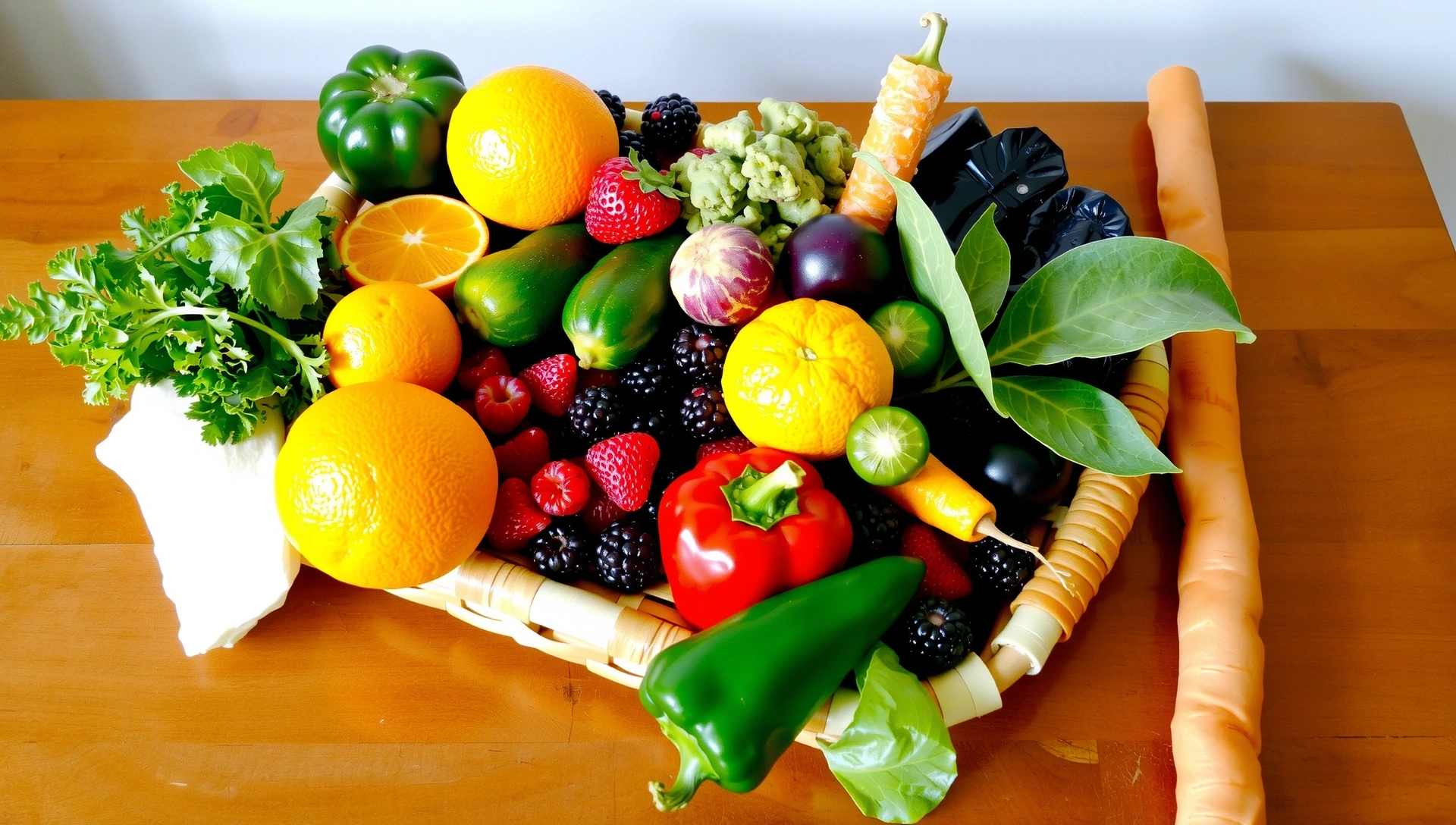 Coș de fructe și legume proaspete, colorate, simbolizând vitamine naturale