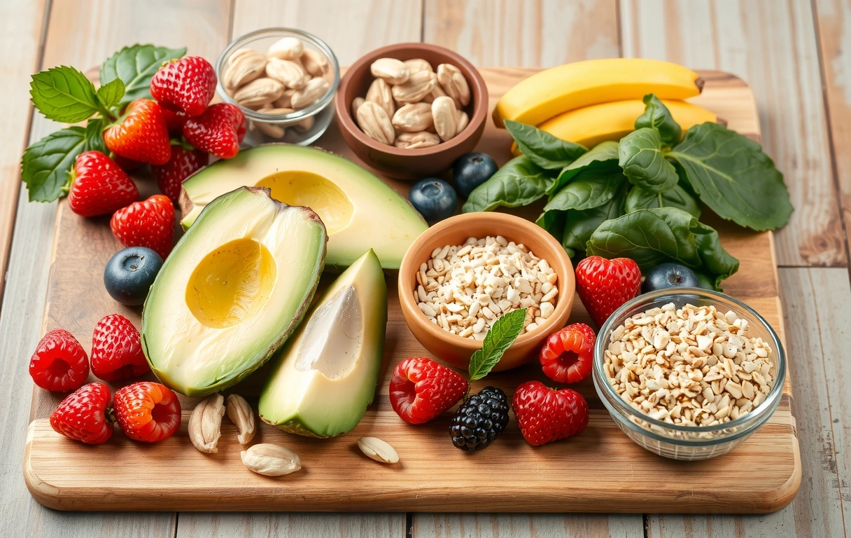 Diverse alimente sănătoase aranjate apetisant pe o masă de lemn, inclusiv fructe, legume, nuci și cereale
